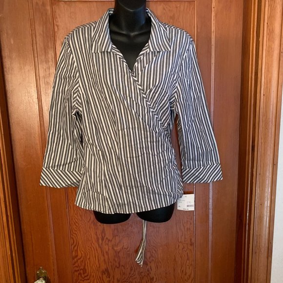 NWT Covington Muted Black and White Striped 3/4 Sleeve Wrap Blouse Size XL - Picture 1 of 14